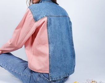 Salmon Pink and Blue Jean Jacket for Women, Pastel and Indigo Color Coat, Denim Jacket, Jean Coat, Gift For A Friend