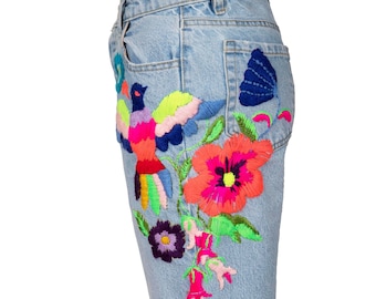 Hand Embroidered  Jean, Denim with Embellishment, One Side Embroidered Blue Woman Trousers, Bird and Floral Embroidery Jean, Wearable Art