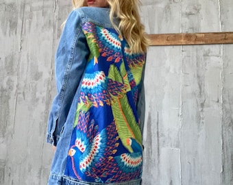 Unique Embroidered & Patched Denim Jacket, Custom Jean Outerwear, Boho Vintage Style, Women's Fashion Statement, Women Parrot Denim Jacket