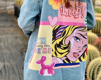 Comics Printed Jean, Veste pour 0X 1X 2X 3X 4X, Veste En Denim Surdimensionnée, Manteau Denim Grande Taille, Vêtements d’Extérieur En Détresse Mi-Lavés, Manteau vintage