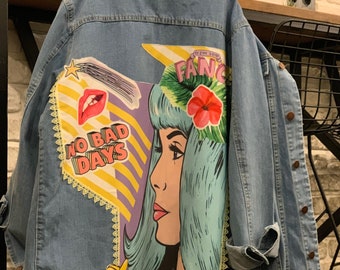 Jean Jacket for Women, Custom Denim Jacket, Denim Jacket For Women, Pop Art Jean Coat, Up-cycled Denim, Woman Jean Jacket, 80s Clothing