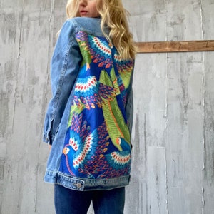 Unique Embroidered & Patched Denim Jacket, Custom Jean Outerwear, Boho Vintage Style, Women&#39;s Fashion Statement, Women Parrot Denim Jacket