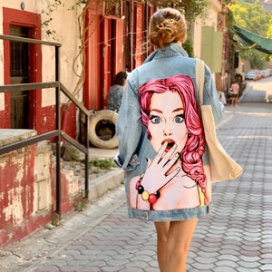 Jean Jacket For Women, Oversized Long Denim Jacket, Pin-up Girl Printed Clothing, Art Print Clothing, Pop-art Jean Jacket, Pink Comics Coat