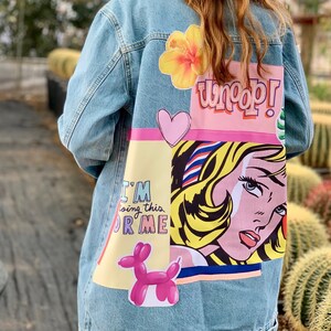 Comics Printed Jean, Jacket for 0X 1X 2X 3X 4X, Oversized Denim Jacket, Big Size Denim Coat, Mid-Wash Distressed Outerwear, Vintage Coat
