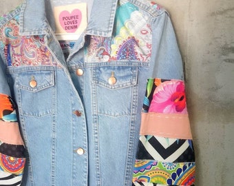 Chaqueta vaquera de patchwork para mujer, ropa de mujer, abrigo de arte y diseño portátil, abrigo de jean azul, chaqueta de jean, diseño lavado en piedra