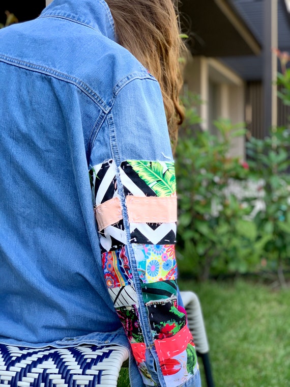 DenimJacketPoupee Patchwork Denim Jacket, Denim Coats for Women, Patchwork Jeans, Plus Size Boho, Womens Plus size, Spring Coat, 90s Retro, Custom Vest, Gift