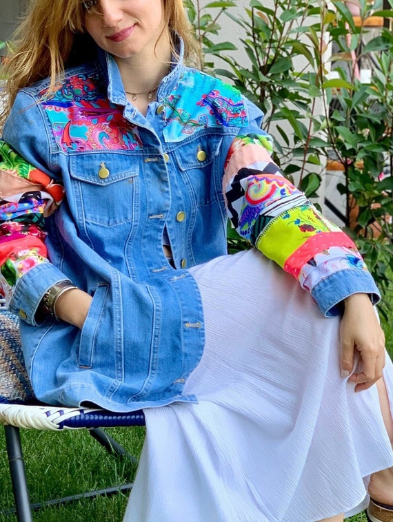 Women's Denim Jacket With Patches Long Custom Jean Jacket Multi-patched  Denim Coat Jean Maxi Coat With Puffy Sleeves Hippie Jean Coat TC141 -   Israel