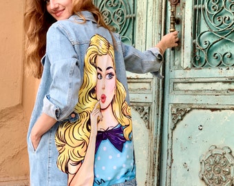 Oversized Jean Jacket, Pop Art Comic Girl Jacket, Blond Girl Printed Coat, Embellished Jean Jacket for Women, Custom-made Jacket