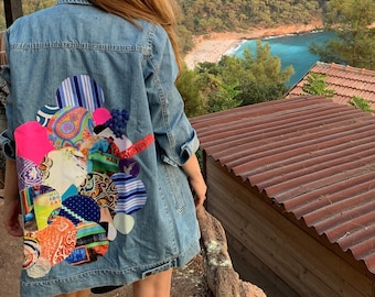 DenimJacketPoupee Custom Jean Jacket, Patchwork Denim Jacket, Quilted Jacket Handmade, Denim Jacket for Women, 80s Clothing