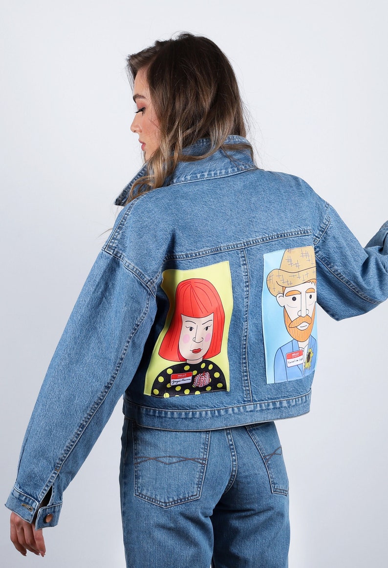 Jackets and Coats, Patchwork Denim, Crop Jean Jacket For Women, Printed Denim Coat, Personalized Jacket, Jean Jacket Custom Football, 90's image 1