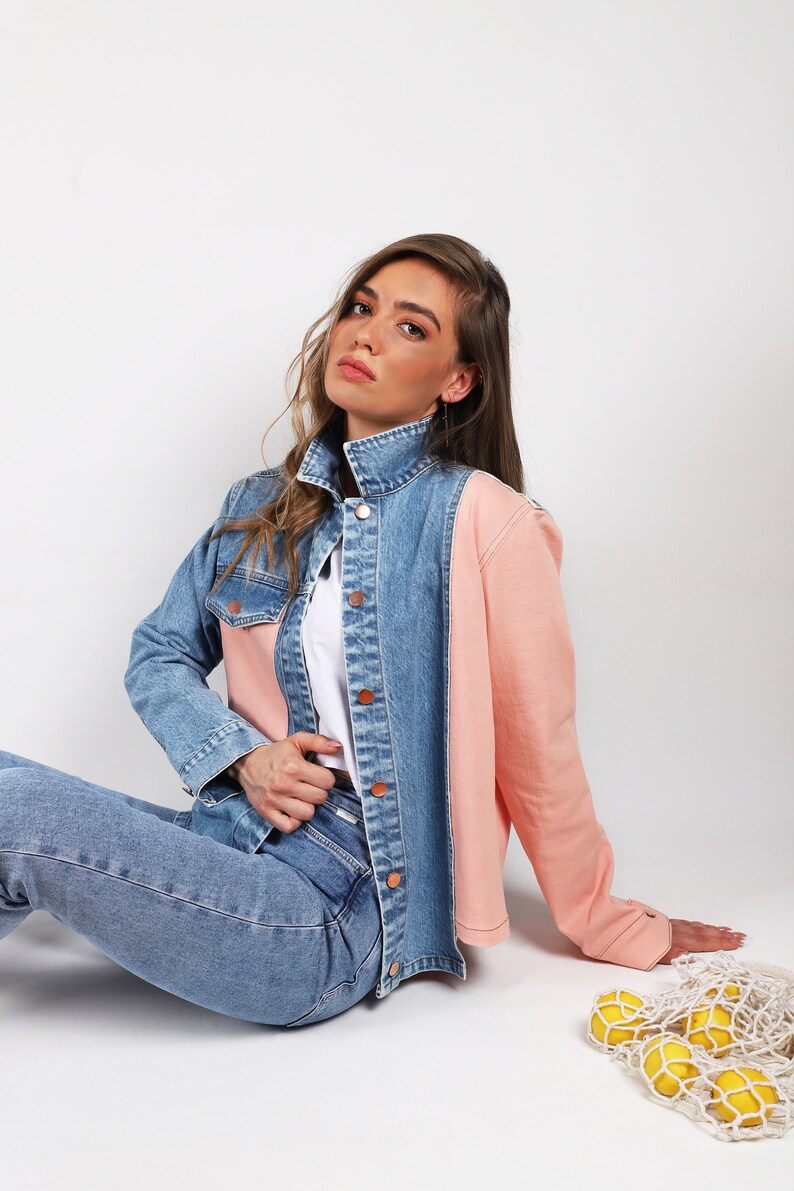Salmon Pink and Blue Jean Jacket for Women, Pastel and Indigo Color ...