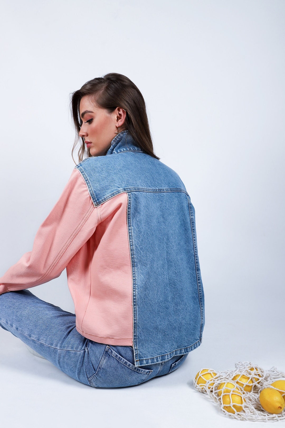 Salmon Pink and Blue Jean Jacket for Women, Pastel and Indigo Color ...