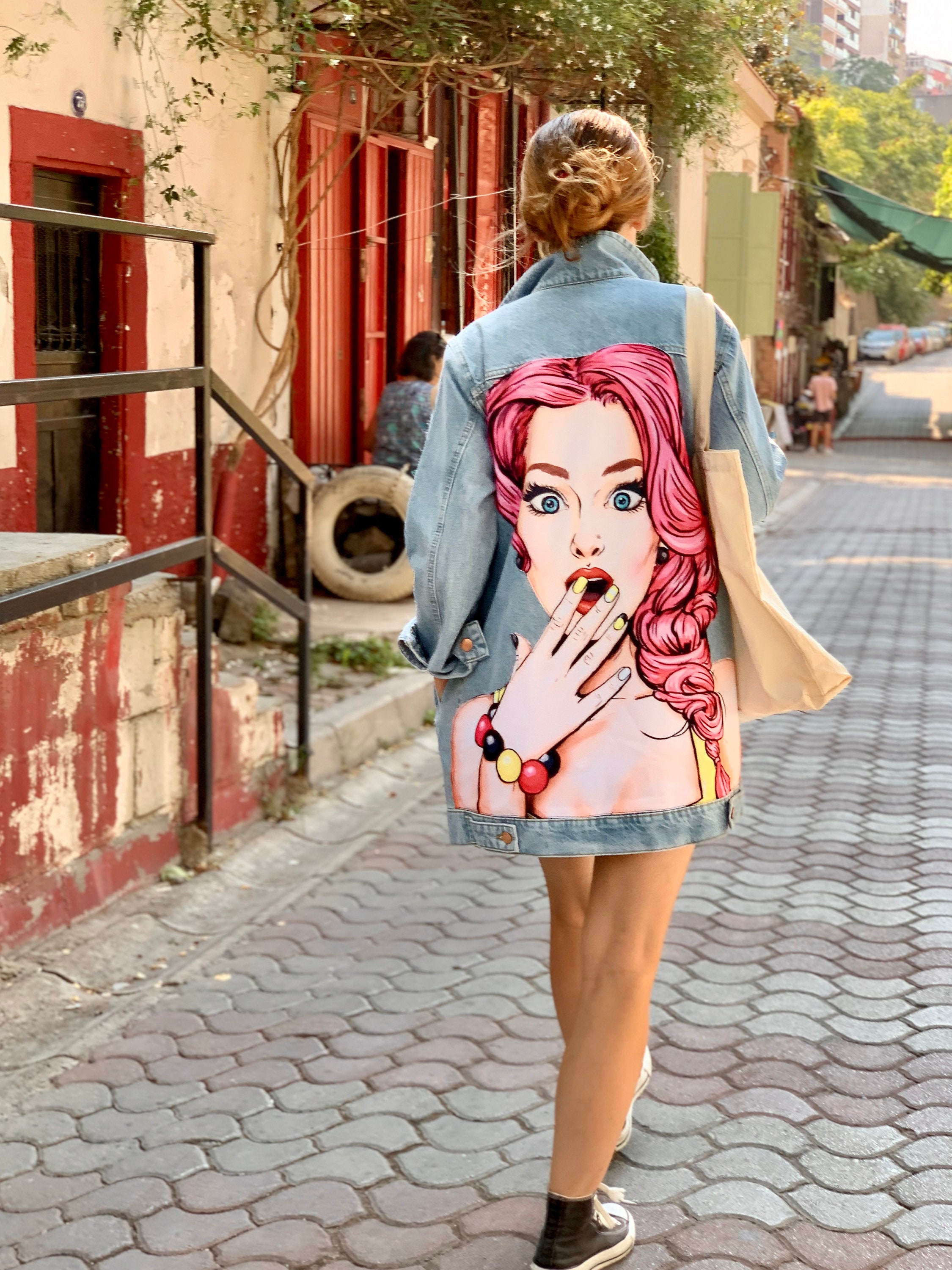 Jean Jacket for Women, Oversized Long Denim Jacket, Pin-up