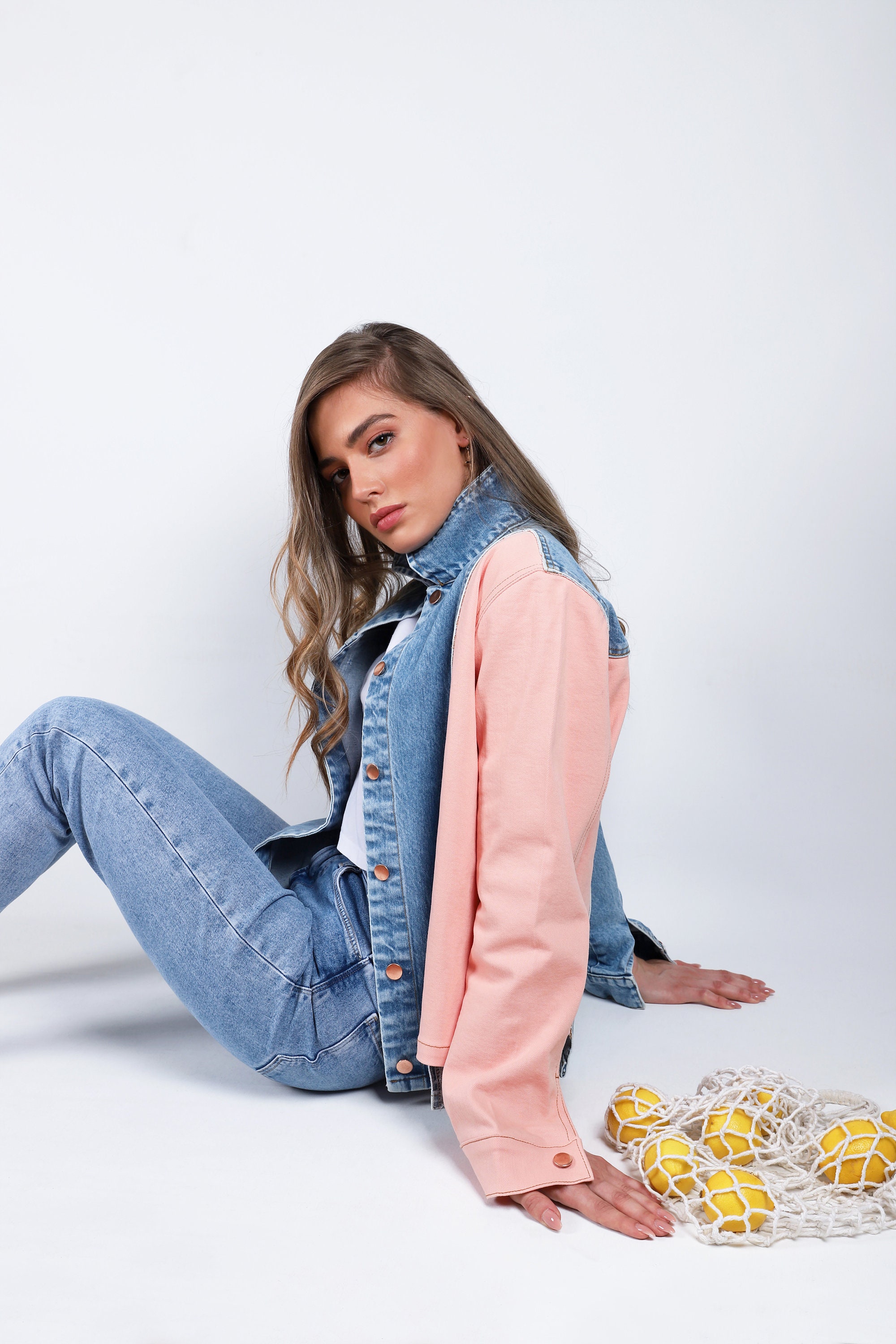 Salmon pink denim jacket cheap