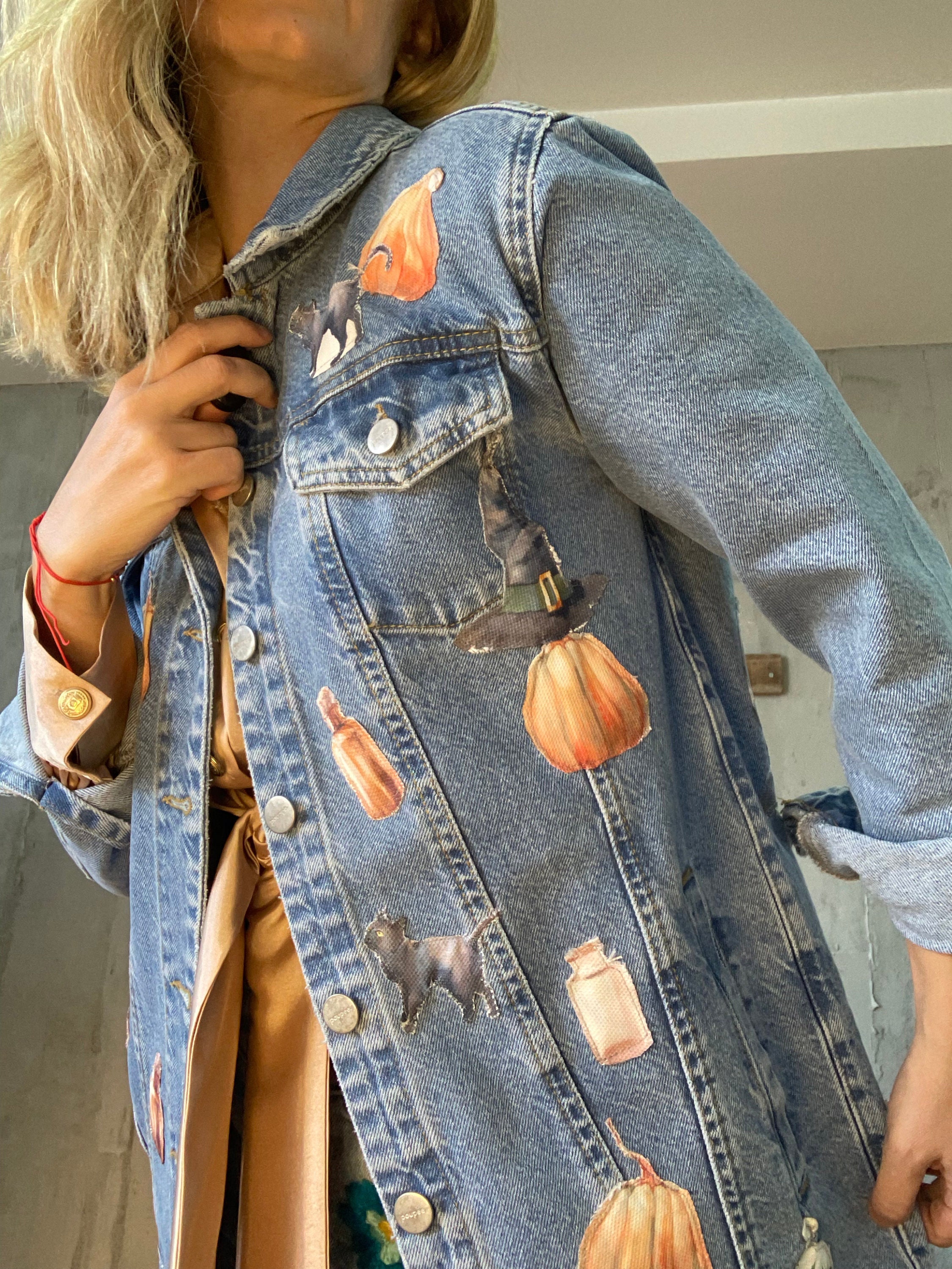 Halloween Patchwork Jean Jacket Halloween Pumpkin Denim -  Denmark