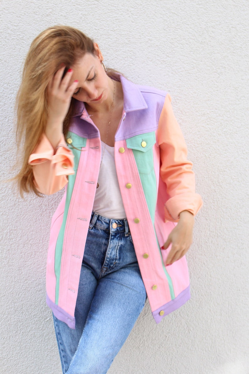 Jean Jacket for Women, Pastel Trucker Jacket, 80's Clothing, Long Oversized Trucker Coat, Pink Purple Green Somon Coat, Daily Coat image 1