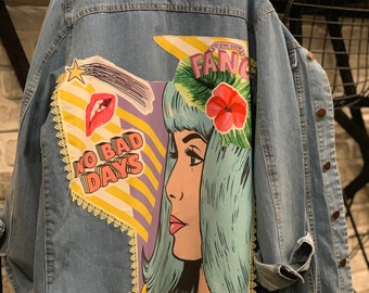 Plus Size Pop-art Denim Jacket, Boho style, Oversized Outerwear, Shabby Chic Outfit, 80s Clothing, Fancy Woman, Vsco Girl, Custom-made