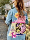 Comics Printed Jean Jacket, Upcycled Oversized Jacket, Designer Denim Coat, Shabby Chic Clothing, Mid-Wash Distressed Outerwear, Vintage product logo