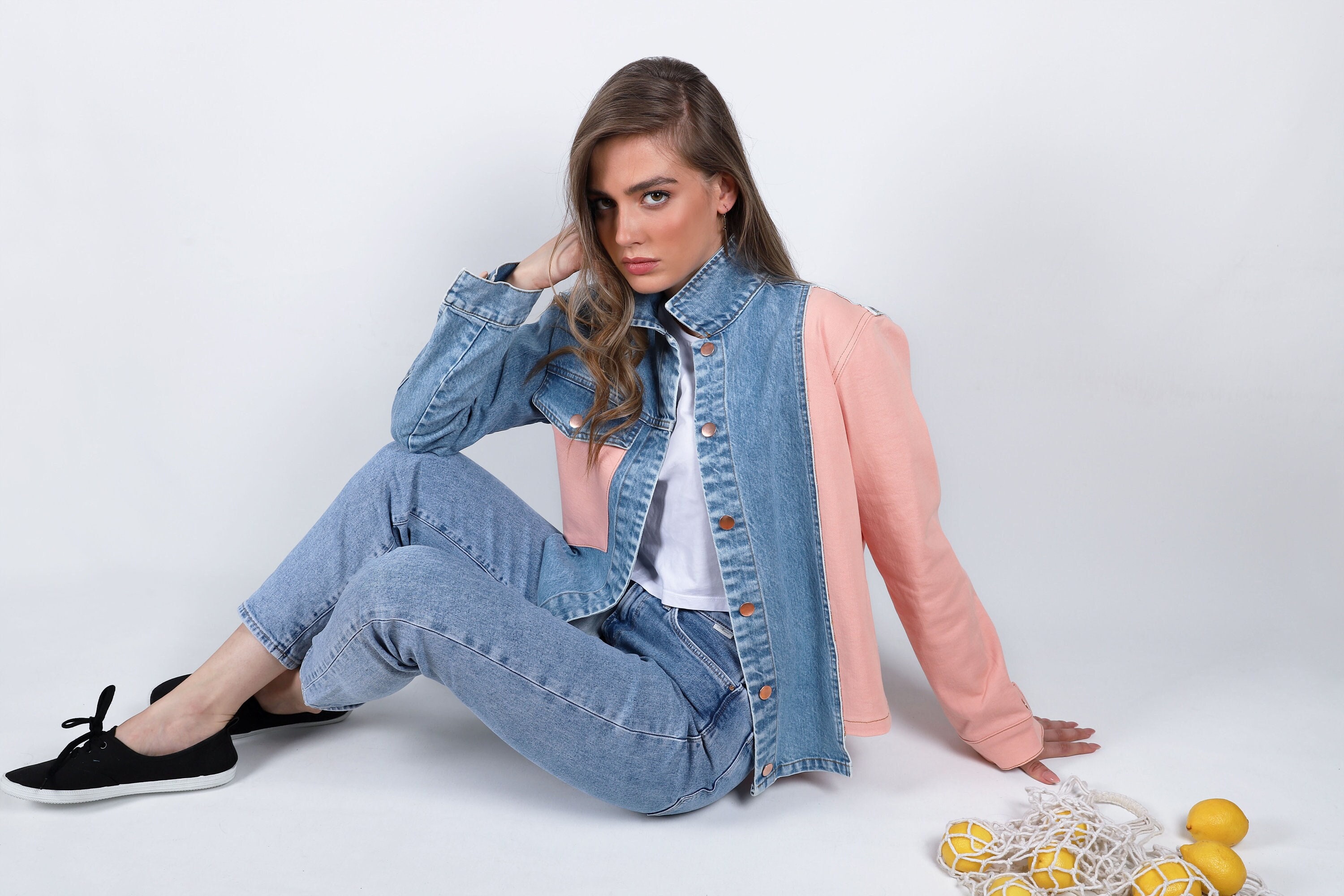 Salmon Pink and Blue Jean Jacket for Women, Pastel and Indigo Color ...