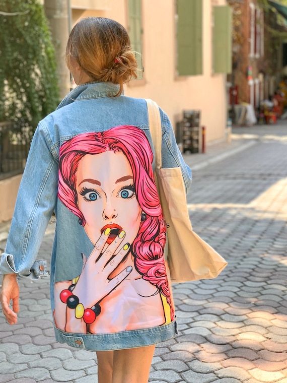 Veste en jean pour femme longue veste en jean surdimensionnee vetements pin up imprimes vetements imprimes d art veste en jean pop art manteau comics rose Etsy France