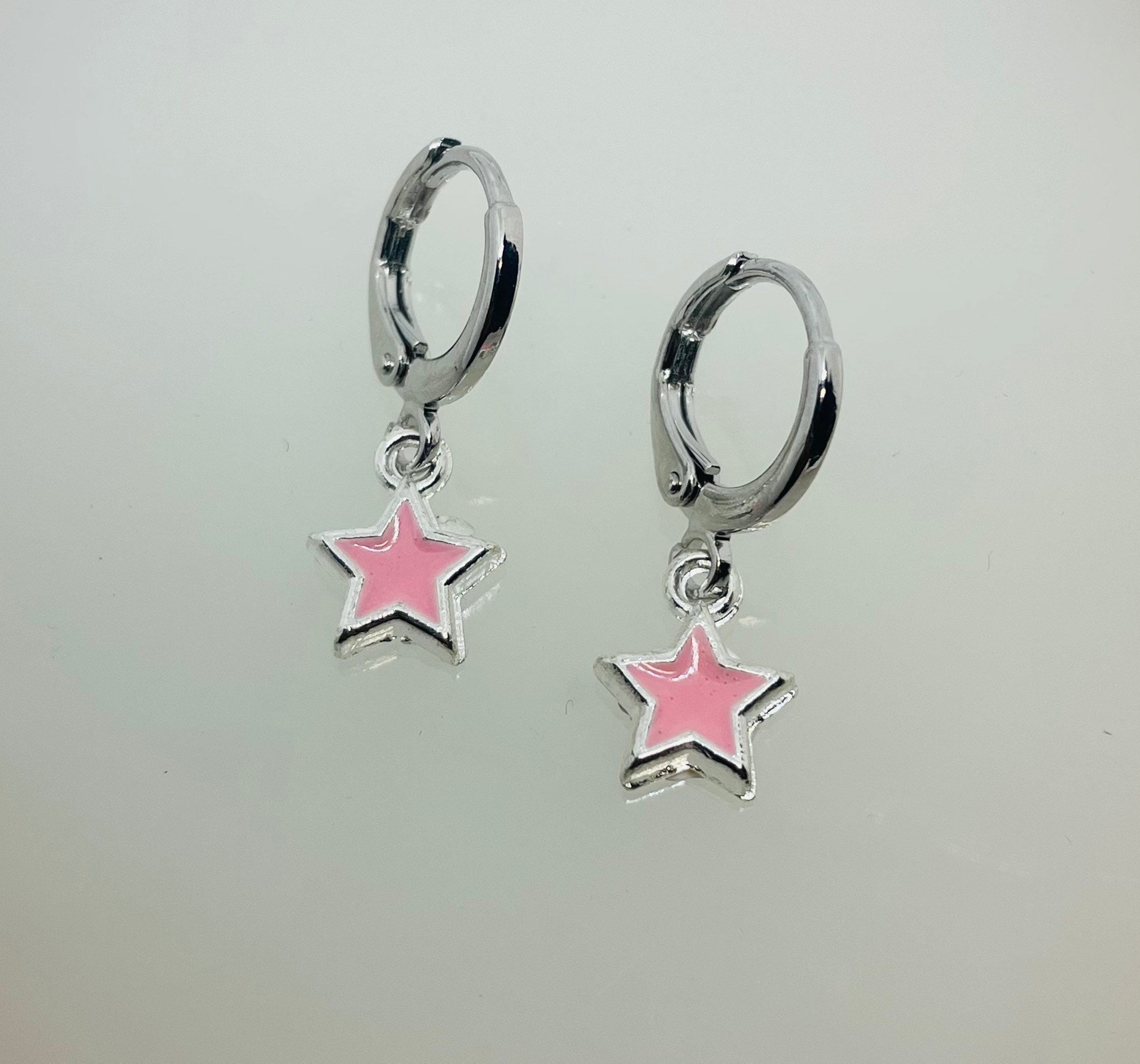Large Silver Hoop & Ceramic Pink Star Charm Earrings 17 Beautiful Colours 