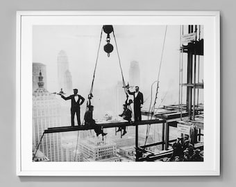 Dining On A NYC Skyscraper Print, Two Waiters Serving Lunch To Steel Workers, Black and White Photo, 1930, Museum Quality Photo Art Print