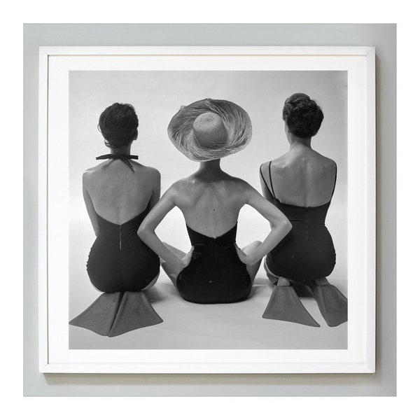 Swimsuit Girls Print, Fashion Models, Beach House, Black and White Vintage Photography, 1950, Museum Quality Art Print