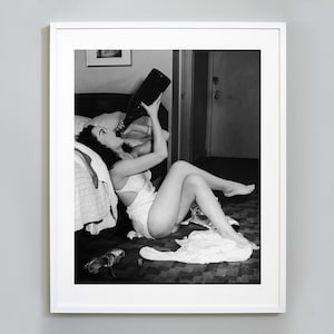Girl Drinking Champagne Bottle Print, Black and White Wall Art, Girls NIght, Home Bar Decor, Vintage Photo Poster