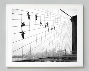 Impressão da ponte do Brooklyn, pintores na ponte do Brooklyn, cidade de Nova York, fotografia vintage, impressão de arte fotográfica com qualidade de museu, arte de parede