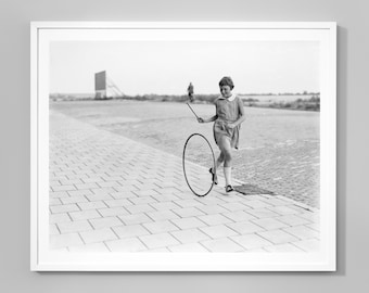 Girl Hoop Rolling Print, Vintage Games and Playtime, 1932, Kids Room, Child Decor, Black and White Photo, Museum Quality Photo Art Print