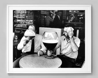 Giant Beer Print, Drinking At The Pub, Two Guys Cooling Off On A Hot Day With Huge Chalice Beers, Black And White Photo, Funny Bar Wall Art