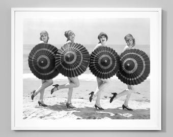 Vintage Beach Umbrella Girls Print, Bathing Beauty Flapper Girls, Vintage Beach Fashion, 1920s, Wall Art, Black and White Photo