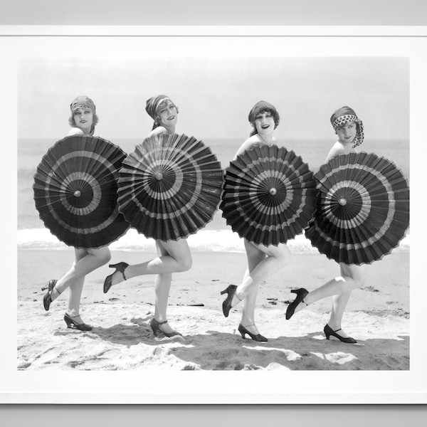 Vintage Beach Umbrella Girls Print, Bathing Beauty Flapper Girls, Vintage Beach Fashion, 1920s, Wall Art, Black and White Photo