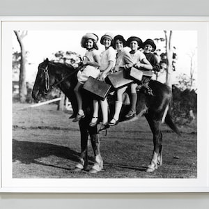 Girls Riding Horse To School Print, Schoolgirls, First Day of School, 1928, Black and White Vintage Photo, Museum Quality Photo Art Print