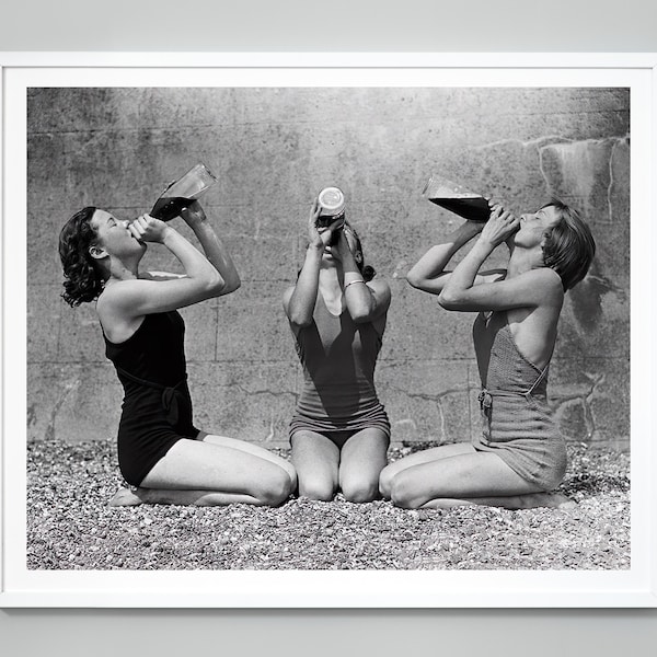 Girl Friends Drinking On The Beach Print, Vintage Besties, Black and White Wall Art, Museum Quality Photography Home Decor