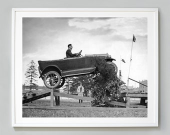 Car Jump Stunt Print, 1920's Vintage Car Photo Print, Overland Automobile, Black and White Photo, Museum Quality Print, Wall Art, Funny Art