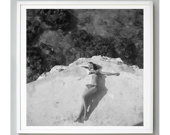 Swimsuit Print, Beach Print, Mid Century Fashion, Bikini Model, Beach House, Black and White Vintage Photo, 1946, Museum Quality Art Print