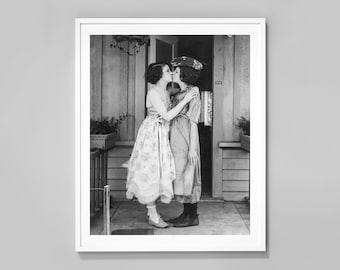 Girls Kissing Print, Black and White Wall Art, Vintage Girlfriends, 1920, Museum Quality Photo