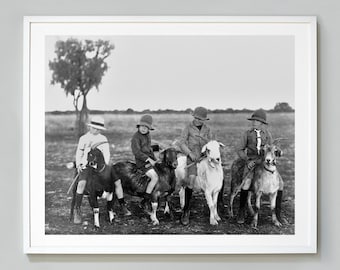 Kids Riding Goats Print, Black and White Vintage Photo, 1918, Wall Art, Kids Room Decor, Museum Quality Photo Art Print