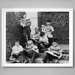 Boys Reading 3-D Comics Print, Black and White Wall Art, Vintage Photo Decor, Kids And Friendship Poster