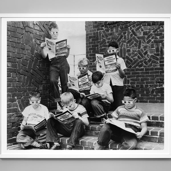 Boys Reading 3-D Comics Print, Black and White Wall Art, Vintage Photo Decor, Kids And Friendship Poster