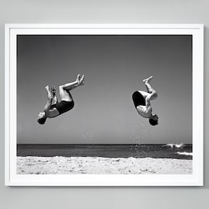 Beach Backflip Print, Black and White Vintage Photo, Summer Home Decor, Beach Fun Wall Art, Mid Century Decor