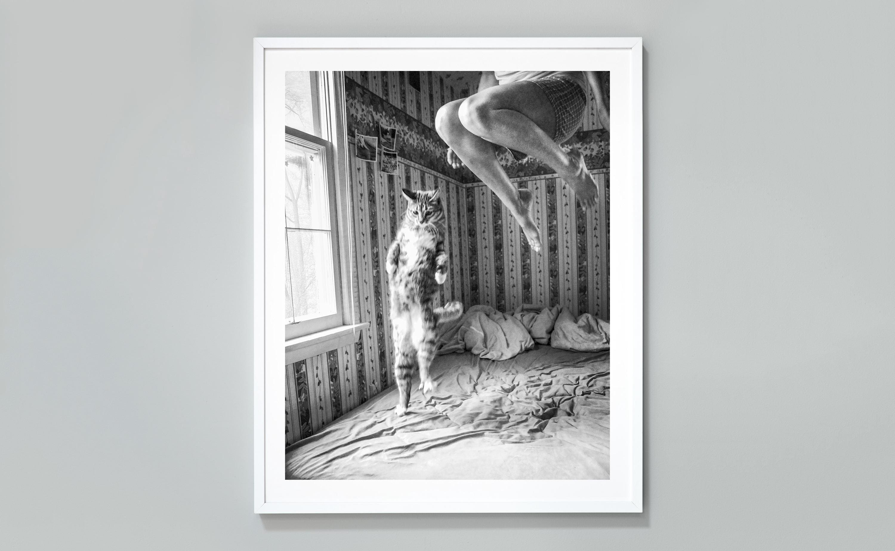 Cat And Girl Jumping On The Bed Print, Animal Lovers Art, Black and White Vintage Photo, Museum Quality Photo Art Print, Bedroom Decor