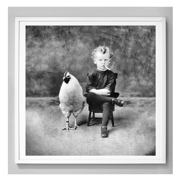 Smoking Boy With Chicken Print, Wall Art, Unique Photo Print, Strange Art, Black and White Vintage Photography, Museum Quality Art Print