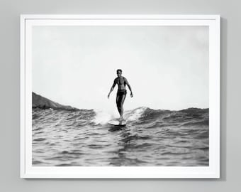 Vintage Surfing Print, Classic Surf Style, Black and White Photo, 1929, Beach Poster, Museum Quality Home Decor