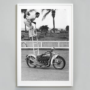 Motorcycle Stunt Print, Vintage Motorcycle, Daredevil, Black and White Vintage Photo, 1936, Wall Art, Museum Quality Art Print