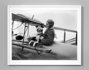 Flying Dog Print, Doggie Goggles On An Airplane, Black and White Photo, Vintage Wall Art Home Decor
