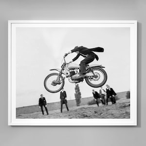 Motorcycle Jump Print, Mod Teenagers Jumping Motorbike,  Black and White Photo, 1950&#39;s, Museum Quality Wall Art