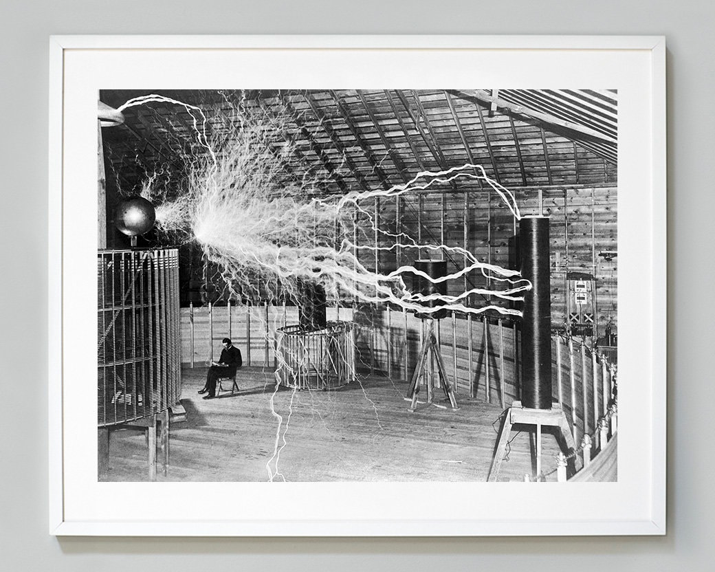Tesla Coil Photo Print, Nikola Tesla, Electricity, Science Experiment,  Black and White Vintage Photo, 1899, Museum Quality Photo Print