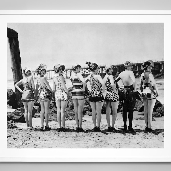 Flapper Girls Beach Print, Vintage Swimsuits, Vintage Beach Fashion, 1920s, Wall Art, Black and White Photo, Museum Quality Photo Art Print